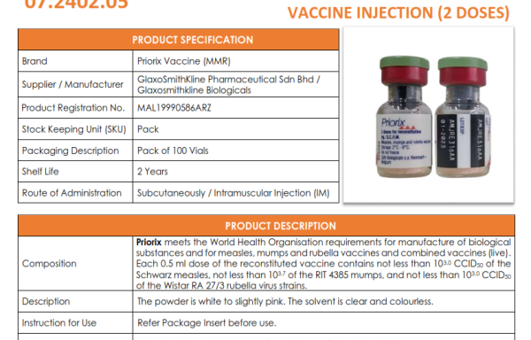 MEASLES, MUMPS AND RUBELLA (MMR) VACCINE INJECTION (2 DOSES)