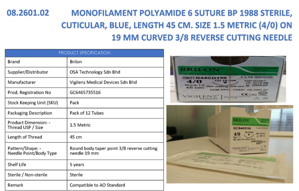 MONOFILAMENT POLYAMIDE 6 SUTURE BP 1988 STERILE, CUTICULAR, BLUE, LENGTH 45CM SIZE 1.5 METRIC (4/0) ON 19MM CURVED 3/8 REVERSE CUTTING NEEDLE